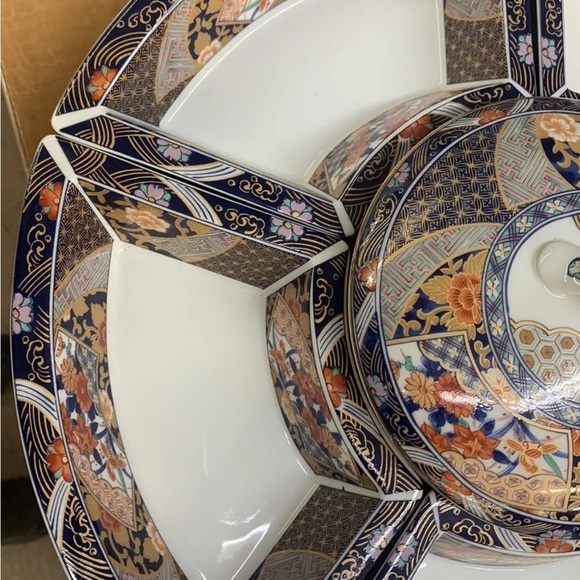 Imari Style ROSE 6 PIECE Server 15 1/4" WIDE COBALT BLUE & RUST ORANGE - Picture 3 of 3